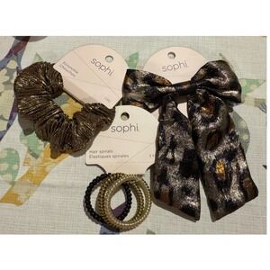Sophi Hair Accessory Set Metallic Gold Scrunchie Leopard Bow Spiral Ties 5pc NWT